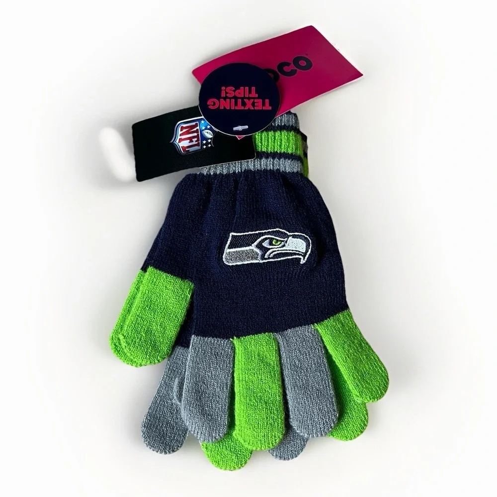 Seattle Seahawks OTS Pullover Mens L Blue 1/4 Zip Long Sleeve Sweater And Gloves
